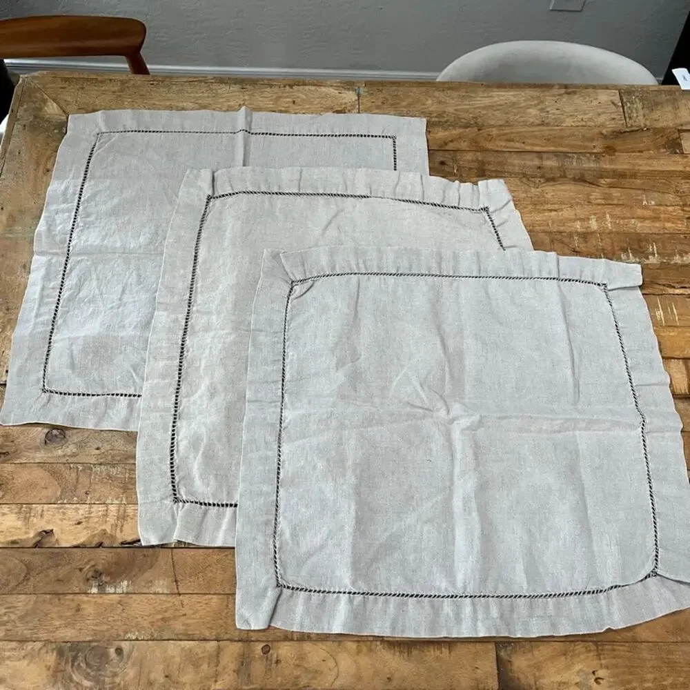 Pottery Barn Classic Belgian Flax Linen Hemstitch Napkins 22×22 Set of 3